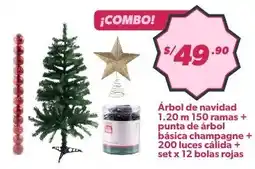 Hiperbodega Precio Uno Árbol de navidad 1.20 m 150 ramas + punta de árbol básica champagne + 200 luces cálida + set x 12 bolas rojas oferta