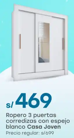 Tottus Casa joven ropero 3 puertas corredizas con espejo blanco oferta
