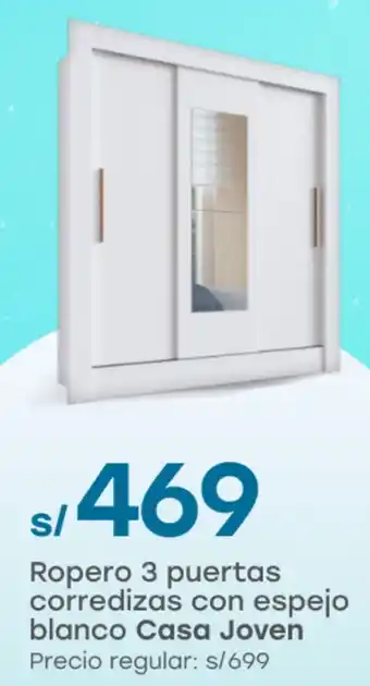 Casa joven ropero 3 puertas corredizas con espejo blanco