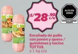 Hiperbodega Precio Uno Tottus enrollado de pollo con jamón y queso / guindones y tocino oferta