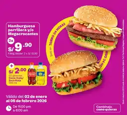 Tambo Hamburguesa parrillera y/o Megacrocantes + Coca-Cola / Inca Kola oferta
