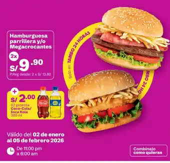 Hamburguesa parrillera y/o Megacrocantes + Coca-Cola/Inca Kola