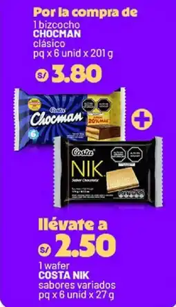 Plaza Vea Chocman bizcocho + Costa Nik wafer oferta