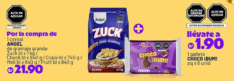 Plaza Vea Angel cereal de gramaje grande + Choco Bum galleta oferta