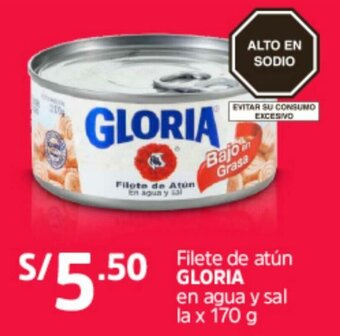 Plaza Vea Filete de Atún Gloria en Agua y Sal 170g oferta