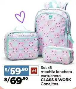 Plaza Vea Class & work set x3 oh! mochila lonchera cartuchera conejitos oferta