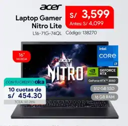 Hiraoka Acer laptop gamer nitro lite 16" oferta