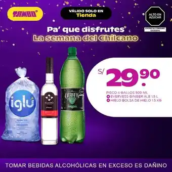 Tambo Pisco 4 Gallos 500ml + Evervess Ginger Ale 1.5L + Hielo Bolsa de Hielo 1.5kg oferta