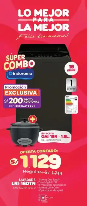 Combo LAVADORA Sistema One Touch Arrocera