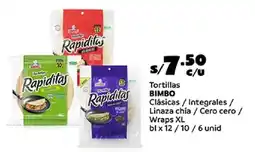 Plaza Vea Bimbo tortillas clásicas/integrales / linaza chía / cero cero / wraps oferta