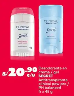 Plaza Vea Secret desodorante en crema / gel antitranspirante clinical pow pro / ph balanced fr oferta