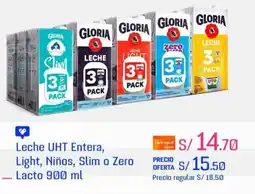 Metro Gloria leche uht entera, light, niños, slim o zero lacto oferta
