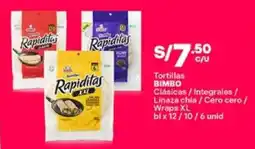 Plaza Vea Bimbo tortillas clásicas/integrales/ linaza chia/cero cero/ wraps oferta