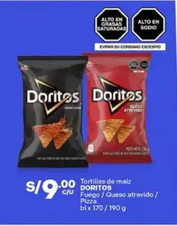 Plaza Vea Doritos tortillas de maíz fuego / queso atrevido / pizza bl oferta