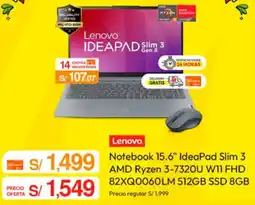 Metro Lenovo Notebook 15.6" IdeaPad Slim 3 AMD Ryzen 3-7320U W11 FHD 82XQ0060LM 512GB SSD 8GB oferta