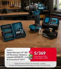Sodimac Makita Taladro Percutor 1/2" 18V LXT BL Incluye 1 Batería y cargador DHP487SF +1 set de accesorios D-73477 oferta