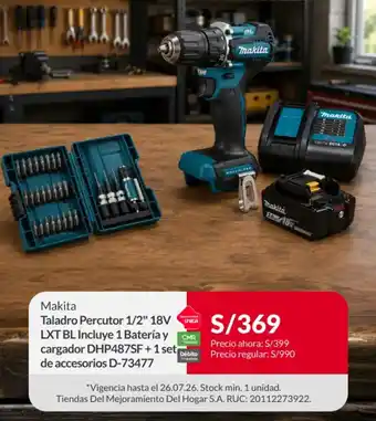 Makita Taladro Percutor 1/2" 18V LXT BL Incluye 1 Batería y cargador DHP487SF +1 set de accesorios D-73477
