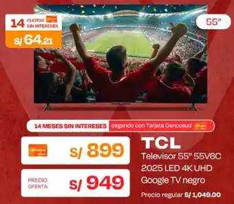 TCL Televisor 55" 55V6C 2025 LED 4K UHD Google TV negro