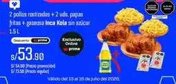 Wong 2 pollos rostizados + 2 uds. papas fritas + gaseosa Inca Kola sin azúcar oferta