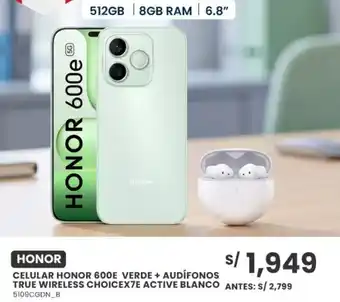 Celular honor 600e verde + audifonos true wireless choicex7e active blanco