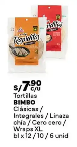Plaza Vea Bimbo tortillas clásicas / integrales/linaza chía / cero cero / wraps xl oferta