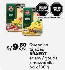 Plaza Vea Braedt queso en tajadas edam / gouda /mozzarella pq oferta