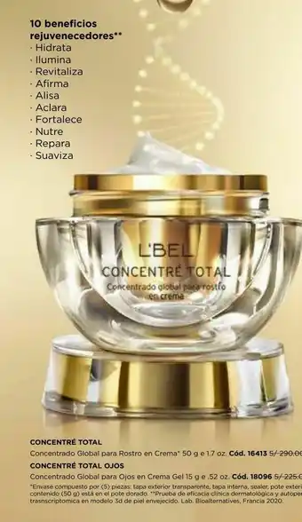 L'Bel Concentré total concentrado global para rostro en crema* 50 g oferta
