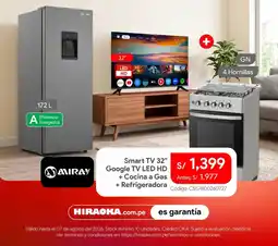 Hiraoka Miray Smart TV 32" Google TV LED HD + Cocina a Gas + Refrigeradora oferta