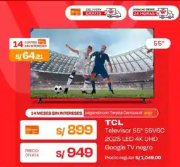 Wong Tcl televisor 55" 55v6c 2025 led 4k uhd google tv negro oferta
