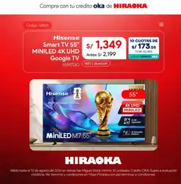 Hiraoka Hisense Smart TV 55" MINILED 4K UHD Google TV 55M7QG oferta