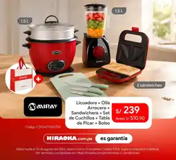Hiraoka Miray licuadora + olla arrocera + sandwichera + set de cuchillos + tabla de picar + bolso oferta