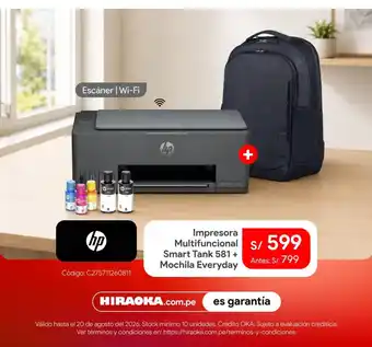 Hp Impresora Multifuncional Smart Tank 581 + Mochila Everyday