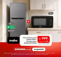 Hiraoka Mabe horno microondas hmm07pbn + refrigeradora rmn220pvprxo oferta