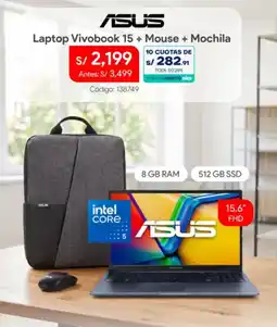Hiraoka Asus laptop vivobook 15 + mouse + mochila oferta
