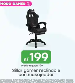 Tottus Laner silla gamer reclinal con masajeador oferta
