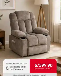 Sodimac Just Home Collection Sillón Reclinable Telsiai Gris con Portavasos oferta
