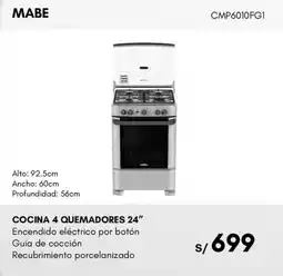 La Curacao Mabe cocina 4 quemadores 24" oferta