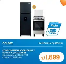 Tiendas EFE Coldex refrigeradora 263 lt y cocina 4 quemadores oferta