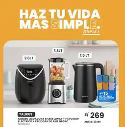 Tiendas EFE Taurus combo licuadora shake away + hervidor eléctrico + freidora de aire negro oferta