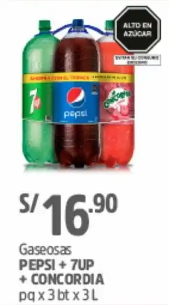 Plaza Vea Gaseosa Pepsi + 7Up + Concordia 3x3L oferta