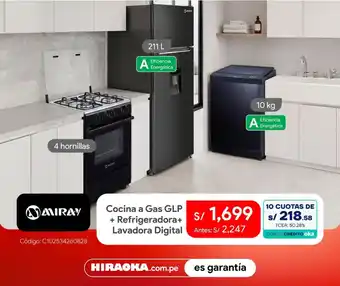 Miray cocina a gas glp + refrigeradora + lavadora digital
