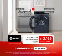 Hiraoka Airay cocina a gas glp + lavaseca digital oferta