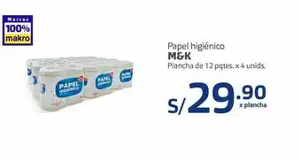 Makro Papel higiénico m&k plancha 12pqte x 4und oferta