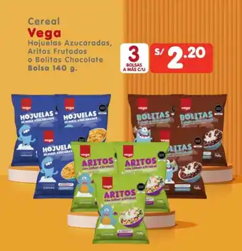 Cereal Vega Hojuelas Azucaradas, Aritos Frutados o Bolitas Chocolate
