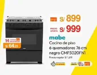 Mabe cocina de piso 6 quemadores 76 cm negro