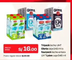 Wong Gloria tripack leche uht o laive fourpack leche entera uht oferta