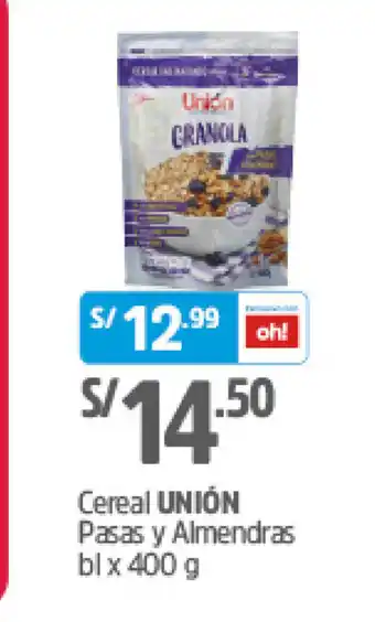 Plaza Vea Cereal UNION Pasas y Almendras bl x 400g oferta