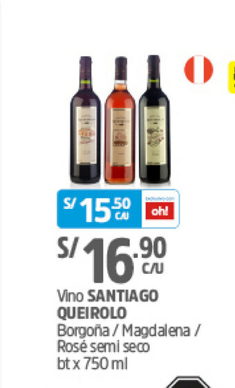 Plaza Vea Vino SANTIAGO QUEIROLO Borgoña / Magdalena / Rose semi seco bt x 750 ml oferta