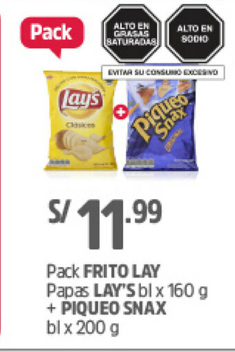 Plaza Vea Pack FRITO LAY Papas LAY's bl x 160g + PIQUEO SNAX bl x 200g oferta