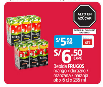 Plaza Vea Bebida FRUGOS mango / durazno / manzana / naranja pk x 6 cj x 235 ml oferta